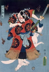 Bando Kamezo jako Yokawa Kakuhan ve scéně ze Sembonzakury, hospoda. 1856.