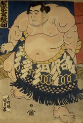 Zápasník sumo Abumatsu Rokunosuke, cca 1835 (velikost oban, barevný dřevotisk)