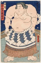Portrét zápasníka sumo Shiranui Mitsuemon (1825-1879) s rituální zástěrou. Tisk Utagawa Kunisada II (1823-1880)