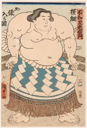Portrét zápasníka sumo Shiranui Mitsuemon (1825-1879) s rituální zástěrou. Tisk Utagawa Kunisada II (1823-1880)