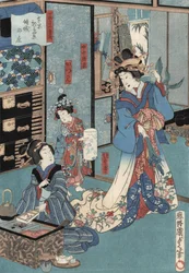 Tisk ukiyo-e gejši s hibachi od Kunisady II, kolem 1860