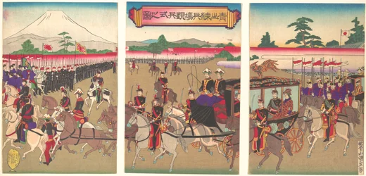 Pohled na vojenskou přehlídku v Aoyamě, 22. února 1889 Meiji, 22. února 1889 Meiji.