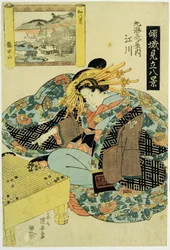 Egawa z domu Maruebiya, ilustrace ze série Kurtizány zosobňující osm pohledů na Japonsko, kolem roku 1829 (barevný dřevoryt)