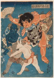 Kintaro řídí zápas mezi opicí a králíkem. Tisk Utagawa Kuniyoshi (1797-1861)