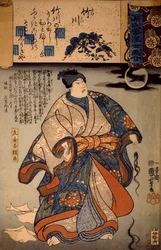 Sakingo Yotikane Ashikaga, s měsíčním světlem a prameny ženských vlasů, Utagawa Kuniyoshi, dřevoryt