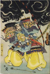List z barevného dřevořezného triptychu, zobrazující Minamoto no Yorimasa, s pomocí Ii Hayaty a Watanabe Choshichiho sestřelující nue ze střechy paláce císaře Konoe: Japonsko, Edo, Utagawa Kuniyoshi, c. 1820 - 1825