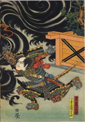 List z barevného dřevořezného triptychu, zobrazující Minamoto no Yorimasa, s pomocí Ii Hayaty a Watanabe Choshichiho sestřelující nue ze střechy paláce císaře Konoe: Japonsko, Edo, Utagawa Kuniyoshi, c. 1820 - 1825