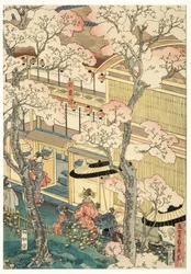 True View of the Pleasure Houses of Miyosaki at the New Port, Yokohama, Kanagawa, 1860 (woodblock)