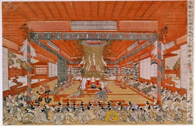 Šintoistický obřad zobrazující obřad uctívání šintoismu, nejstaršího náboženství v Japonsku. Japonský tisk Utagawa Toyoharu (1735-1814). Paříž, Guimet Museum, Asian Arts Museum.