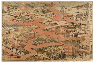 Osm pohledů na Edo, cca 1770-1780 (dřevořez na papíře)