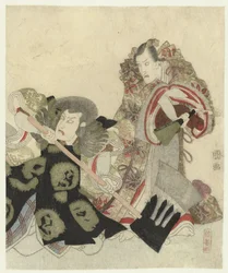 Ichikawa Danjûrô VII jako Yoshimune no Munesada s ventilátorem a Ichikawa Omezô v roli Sekibei se sekerou