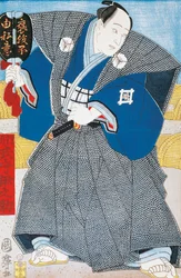Japonský herec v tradičním kimonu s vějířem, Utagawa Toyokuni, dřevoryt