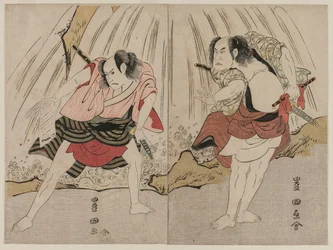 Kataoka Nizaemon VII a Ichikawa Yaozo III v konfrontaci vedle vodopádu