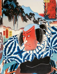 Portrét divadelního herce Kabuki s rudou tváří hněvem, umělecký tisk ukiyo-e od Utagawa Toyokuniho (1769-1825), dřevoryt, japonská civilizace, období Edo