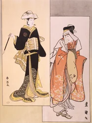 Portréty herců na jevišti, cca 1794-1796, ukiyo-e Shun-Yei (konec 18. století) a Utagawa Toyokuni (1769-1825), reprodukce dřevorytu, japonská civilizace, období Edo (1603-1868)