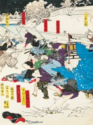 Bitva na sněhu, Samuraj bránící japonskou pevnost, Utagawa Toyokuni, dřevoryt