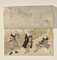 Kabuki scéna se zvednutím opony, která odhalí tři herce Kabuki