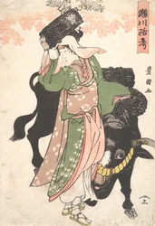 Herec Segawa Roko jako Woodseller Ohara Leading an Ox, ca. 1810.