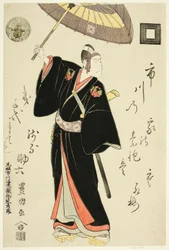Herec Ichikawa Danjuro VI jako Sukeroku ve hře „Omiura Date no Nebiki“ vystoupil v divadle Nakamura ve třetím měsíci roku 1799