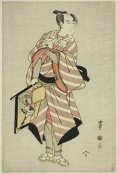 Herec Sawamura Sojuro III jako jezdec Muchizo ve hře „Miyamairi Musubi no Kamigaki“, vystupoval v divadle Kiri v jedenáctém měsíci roku 1797.