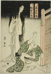 Herci Onoe Matsusuke I jako duch ošetřovatelky Iohaty a Matsumoto Kojiro jako Mokuemon ve hře „Tokubei of India: Tales of Strange Lands (Tenjiku Tokubei ikoku banashi)“