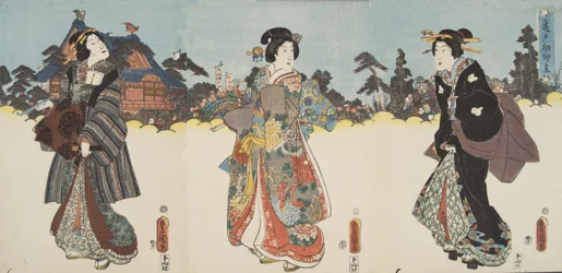 Scéna z Genji monogatari (Tale of Genji) od Murasaki Shibuku (nar. 978) c. 1860 (barevný dřevotisk)