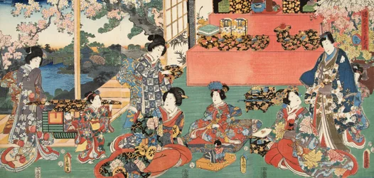 Scéna z Genji monogatari (Tale of Genji) od Murasaki Shibuku (nar. 978) c. 1860 (barevný dřevotisk)