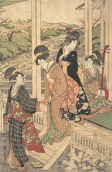 Skupina žen na Engawa venkovského domu, v době rozkvětu třešní,..., ca. 1806.