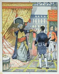 Alžírský dej Hussein ibn El Hussein udeří francouzského velvyslance M. Devala vějířem, 27. dubna 1827, obálka školní učebnice, 1891