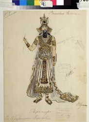 Kostýmní návrh pro operu "Kouzelná flétna"" od Wolfganga Amadea Mozarta (1756-1791) (Návrh kostýmů pro operu "die Zauberflote"" od WA Mozarta). Dílo V.Bushiny (počátek 19. století). Akvarel, kvaš a zlato na papíře