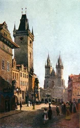 Pohled na Staroměstský rynk s radnicí a kostelem Panny Marie před Týnem, ze Staré Prahy, cca 1900 (barevná litografie)