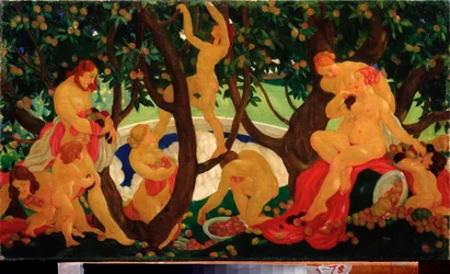 Sdílení jablek (Gathering Aple) - obraz Valentina Alexandroviče Jakovleva (1887-1919), olej na plátně