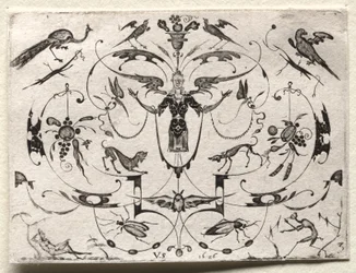 Arabeska s pávem, papouškem, psy a hmyzem, 1626.