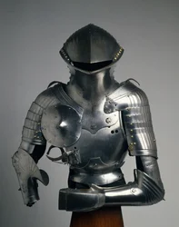 Kompozitní Stechzeug, brnění pro „Německý souboj“, kolem 1480-1540 (ocel, železo, mosaz a kůže)