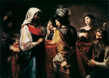 Obraz Věštkyně od Jeana Valentina de Boulogne (1594-1632) Rozměr 125 x 175 cm Paříž, Muzeum Louvre