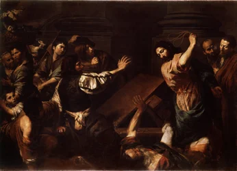 "Kristus vyhání půjčovatele peněz z chrámu" (Kristus vyhání půjčovatele peněz z chrámu) Obraz Valentina de Boulogne (1591-1632) 1620-1625 Rozměr 192x266,5 cm Muzeum Ermitáž, Petrohrad