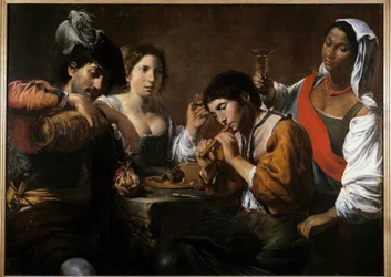 Setkání v kabaretu Obraz Valentina de Boulogne (1591-1632) 17. století Ne. 0,96 x 1,33 m
