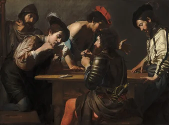 Vojáci hrající karty a kostky (Podvodníci), cca 1618-1620 (olej na plátně)
