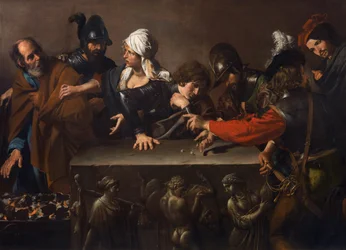 Zapření svatého Petra, Valentin de Boulogne (1591-1632). Kolem 1616-1617. Rozměry: 171,5x241 cm. Fondazione di Studi di Storia dell