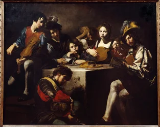 Koncert v basreliéfu. Hudebníci shromáždění kolem sochařsky ztvárněného oltáře. Obraz od Valentina de Boulogne (1591-1632). Rozměry: 1,73 x 2,14 m.