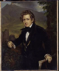 Portrét malíře Karla Pavloviče Briullova (Bryullov) (1799-1852). Portrét malíře K.P. Briullova). Malíř, znázorněný před sopkou, drží mechanickou tužku a kreslící prkno. Obraz Vasilije Andrejeviče Tropinina (Vassili Tropinin) (1