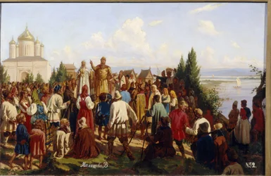 Velký princ Novgorodu a Kyjeva, Jaroslav I. Vladimirovič, známý jako Moudrý (978-1054), vydává první zákoník Russkaja Pravda v roce 1019. (Velký princ Jaroslav I. Moudrý vydává první zákoník Russkaja Pravda v roce 1019) . malování d