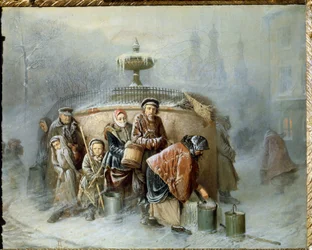 Fronta u kašny. Uprostřed zimy čekají obyvatelé města ve studeném větru a mlze, až na ně přijde řada, aby si naplnili vědra pitnou vodou. (1834-1882)
