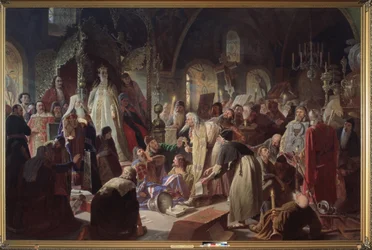 Starověřící (starověrecký) Papež Nikita Poustosviat (nebo Nikita Dimitriovič Dobrynine, zemřel v roce 1683) debatující s moskevským patriarchou Joachimem (1620-1690) o otázce víry v přítomnosti regentky Sophie Alexeievny Romanové ( 1657-1704