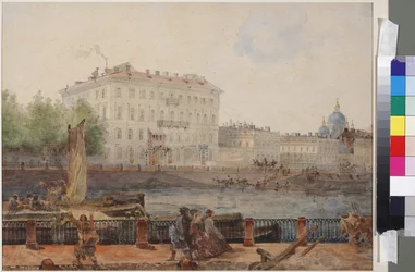 Dům M.D. Tarasové na nábřeží Fontanka, Sadovnikov, Vasilij Semjonovič (1800-1879). Akvarel na papíře