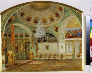 Interiér kaple Jusupovského paláce (palác Moika) v Petrohradu. (Interiér domovního kostela v Jusupovově paláci v Petrohradě). Dílo Vasilije Semjonoviče Sadovnikova (1800-1879), akvarel na papíře