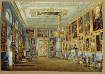 Yusupov Palace Art Gallery (Moika Palace) v Petrohradu. (Umělecká galerie v Jusupovově paláci v Petrohradě). Dílo Vasilije Semjonoviče Sadovnikova (1800-1879), akvarel na papíře. ruské umění