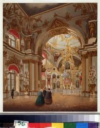 Velká kaple Zimního paláce v Petrohradu. Dílo Vasilije Semjonoviče Sadovnikova (1800-1879), akvarel na papíře. Ruské umění 19. století. A. Pushkin Memorial Museum, Petrohrad.