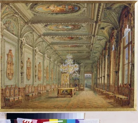 Hlavní jídelna (Galerie Jindřicha II) Jusupovského paláce (palác Moika) v Petrohradě. (Hlavní jídelna (Galerie Jindřicha II.) v Jusupově paláci v Petrohradě). Umělecké dílo Vasilije Semjonoviče Sadovnikova (1800-1879), aqua