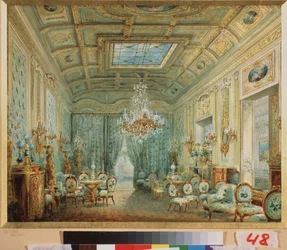 Obývací pokoj s pastely. Dílo Vasilije Semjonoviče Sadovnikova (1800-1879), akvarel na papíře. Ruské umění 19. století. Státní ruské muzeum, Petrohrad.